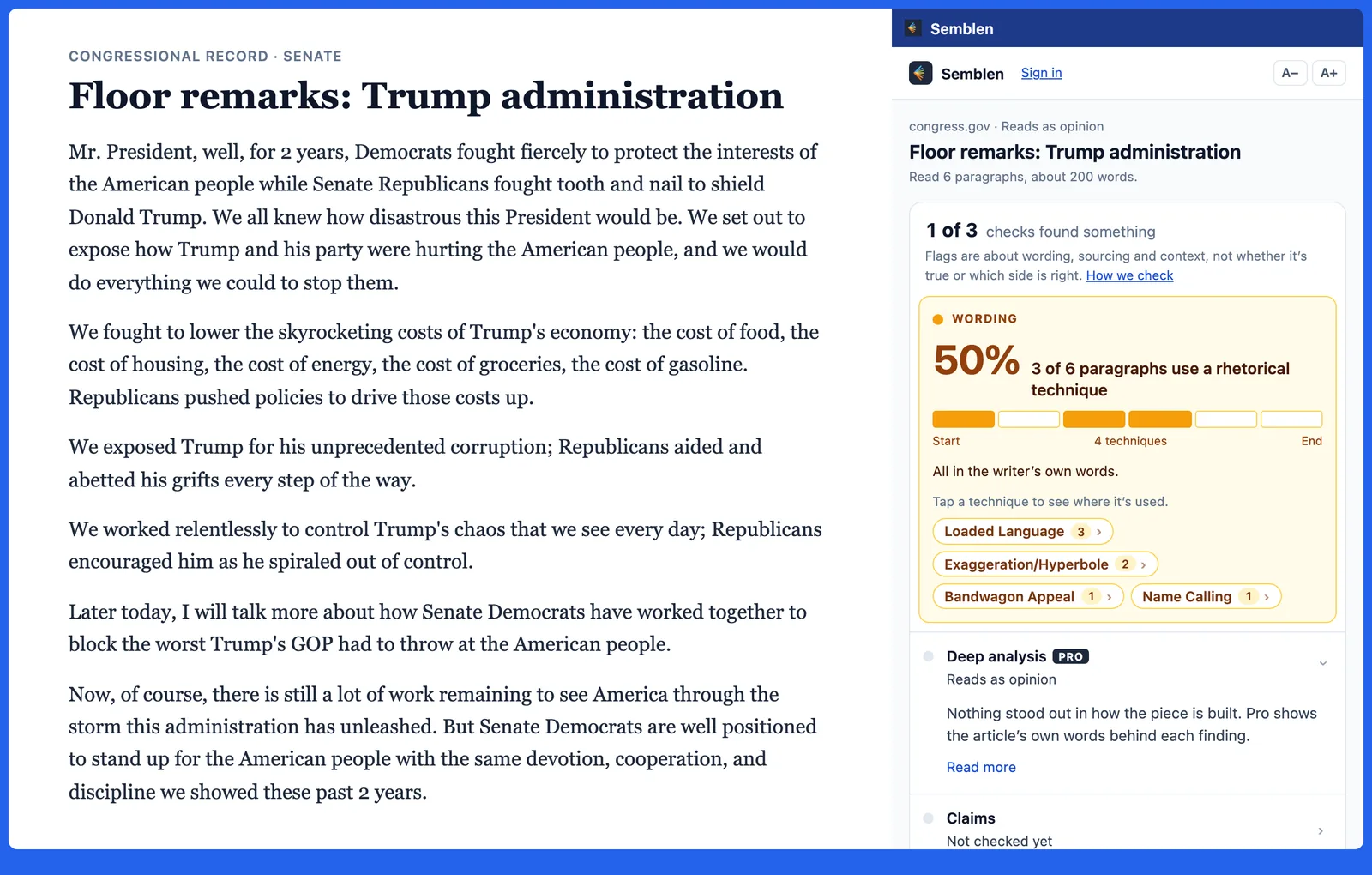 A Senate floor speech open in Chrome with the Semblen side panel beside it. The panel says 3 of 6 paragraphs use a rhetorical technique: Loaded Language, Exaggeration, Bandwagon Appeal and Name Calling.