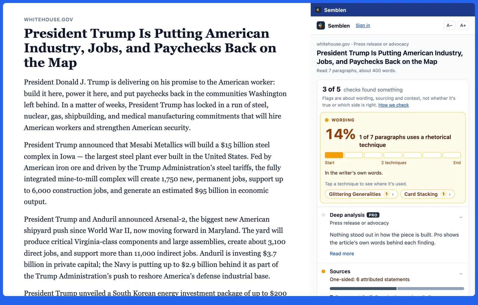 A White House press release open in Chrome with the Semblen panel beside it, showing 1 of 7 paragraphs uses a technique and that the sources quoted are one-sided.